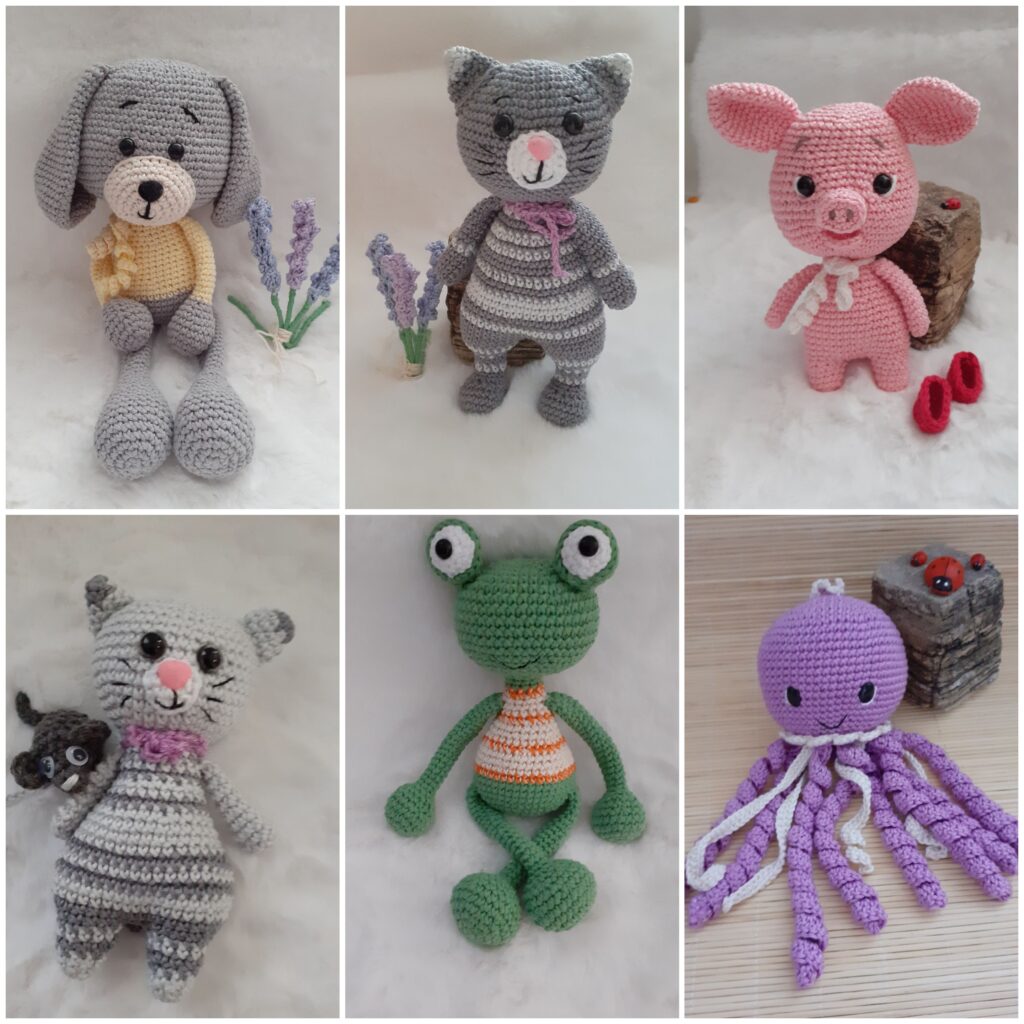 Različiti oblici heklanih igračaka- Amigurumi u obliku kuce, mace, praseta, miša, žabe i oktopoda.